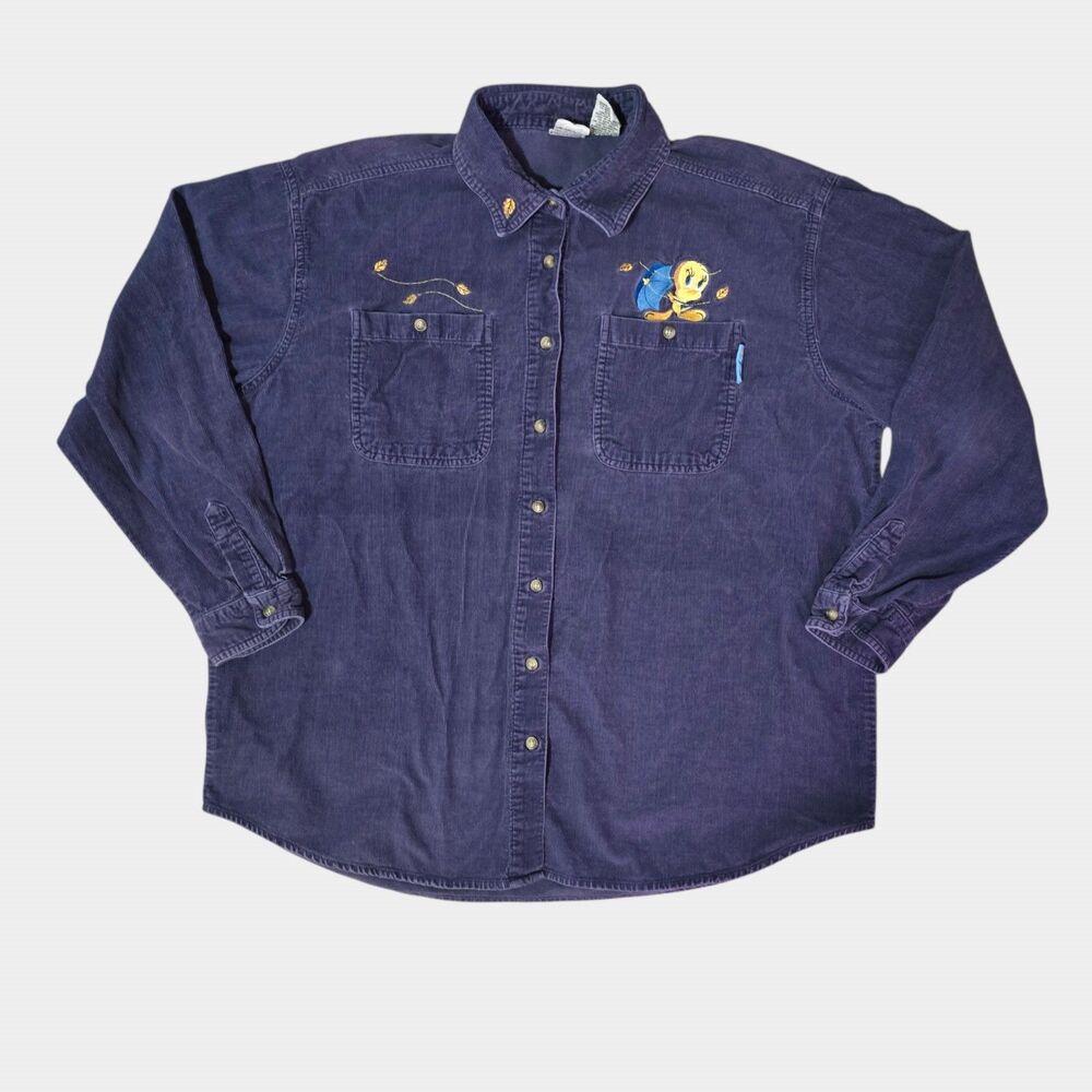 Vintage Y2K 2001 Looney Tunes Tweety Bird Corduroy Button Up Shirt Womens XL